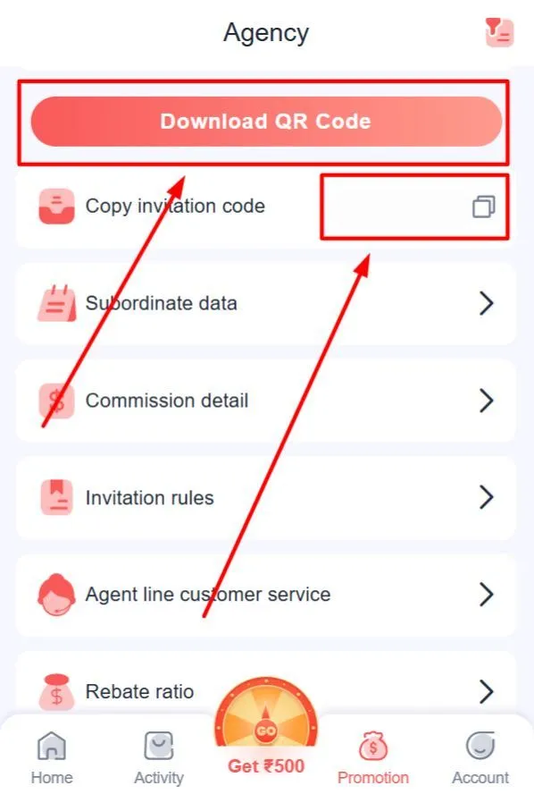 Agency page showing options to download a QR code or copy the invitation code